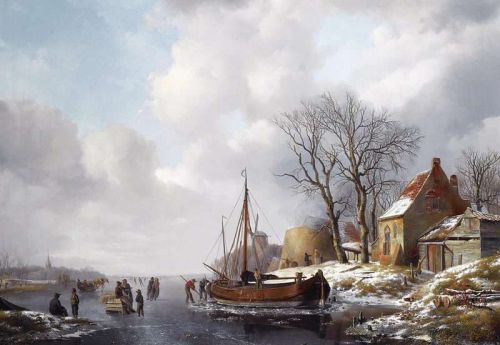 Schelfhout Andreas A Winter Landscape With Figures By A Boat On A Frozen Waterway canvas print