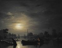 Schendel Petrus Van A River Landscape In Silver Moonlight 1846