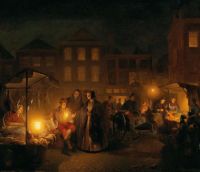 سوق شيندل بيتروس فان الليلي في لاهاي عام 1840 بطباعة قماشية