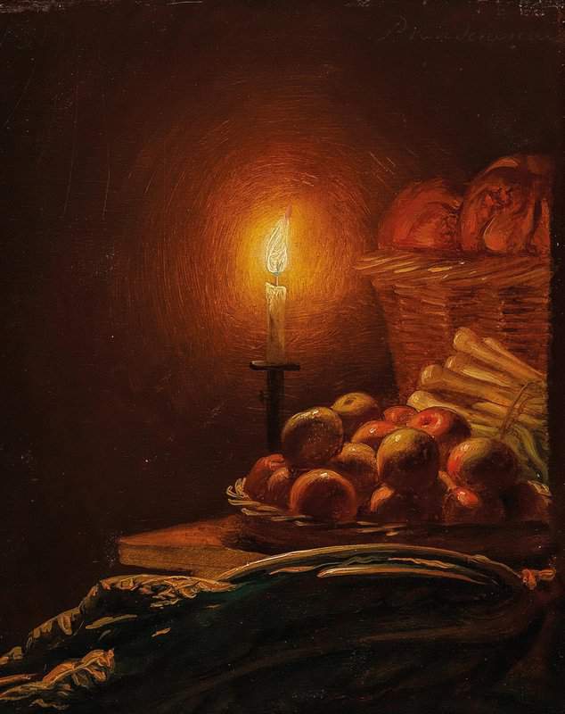 Schendel Petrus Van Still Life With Apples Spring Onions Chard And A Candle canvas print