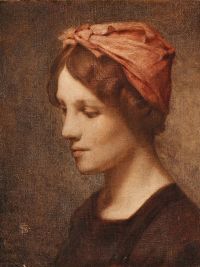 Schwartz Frans Leinwanddruck „Ein Mädchen mit rotem Schal um den Kopf gewickelt“.