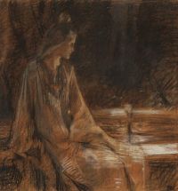 Schwartz Frans Leinwanddruck „Ein junges Mädchen, das an einem Waldsee sitzt“.