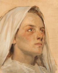 Schwartz Frans, junge Frau mit weißem Kopftuch, die nach oben schaut, Leinwanddruck