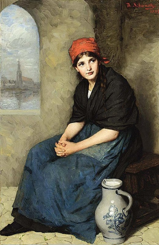 Schwartze Therese A Portrait Of A Seated Girl Wearing A Dark Blue Dress And Red Headscarf 1883 canvas print
