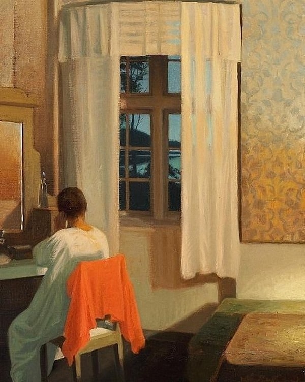 Slott Moller Agnes Interior Med En Rygvendt Kvinde Der Gor Aftentoilette canvas print