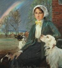 فتحة مولر أغنيس تحت قوس قزح. امرأة شابة مع كلابها في Ryomgaard