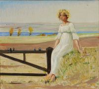 Slott Moller Agnes Young Girl With Flowers In Her Hair Sitting On A Fence canvas print