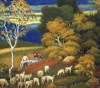 Southall Joseph Edward Landscape With Sheep And Woodmen