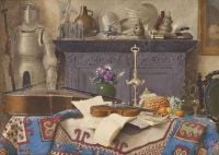 Spiers Benjamin Walter A Connoisseur S Collection. Still Life With A Cello Violin Oranges A Lemon And A Pineapple On Table Covered With A Persian Carpet 1884