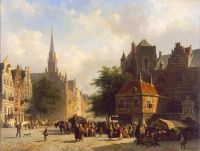 Springer Cornelis Market Day In A Dutch Town With Numerous Figures Conversing In A Square With Stalls And A Laden Cart And Horses canvas print