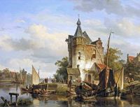 Springer Cornelis Moored Barges At A Quay Near A Keep 1844 canvas print