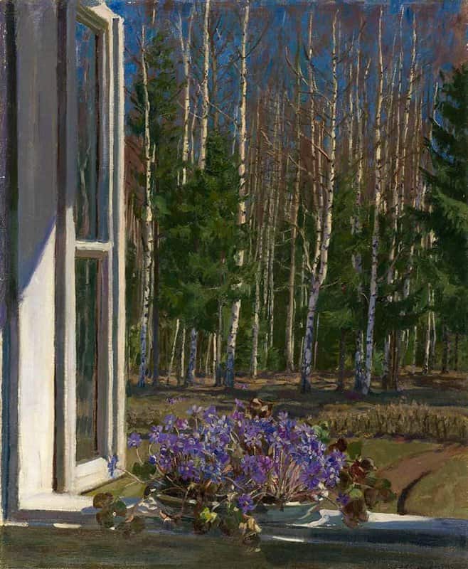 Tableaux sur toile, reproduction de Stanislav Yulianovich Zhukovski Spring Landscape With Violets 1935
