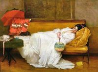 Stevens Alfred Girl In A White Dress Resting On A Sofa