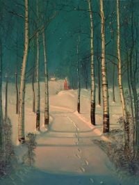 Sven Svendsen Footprints In Snow By Birch Trees