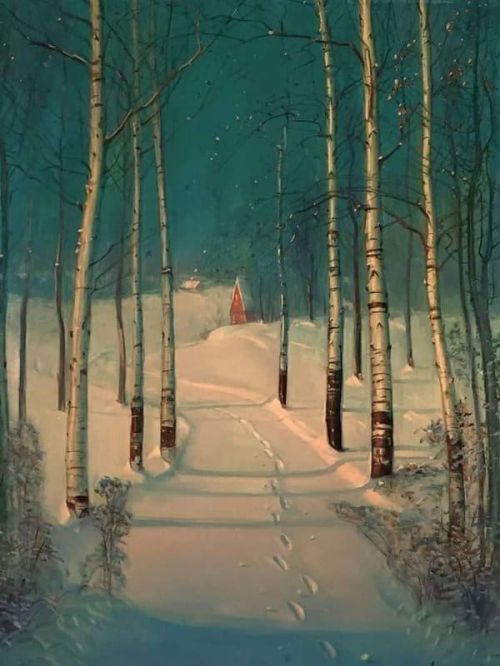 Sven Svendsen Footprints In Snow By Birch Trees canvas print