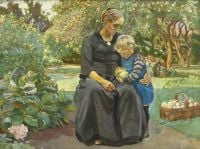 Syberg Anna ، زوجة الفنانة S ، Anna تجمع التفاح في الحديقة مع أحد الأطفال 1909