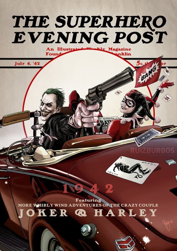 Tableaux sur toile, reproduction de The Saturday Evening Post - Joker And Harley