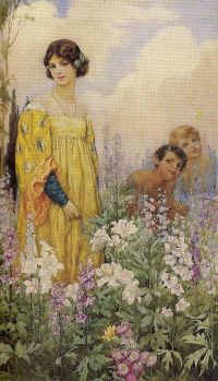 Theaker Harry George A Young Maiden With Pan and Cupid in A Wild Garden