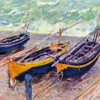 Drie vissersboten in Eretrat door Monet