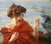 Tito Ettore Leinwanddruck „Mädchen auf dem Pier in Venedig“.