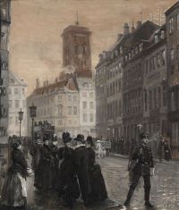 Tom Petersen Peter View from Amagertorv يبحث عن متجر كنيسة كيركيستر دي ونيكولاج في كوبنهاغن 1889
