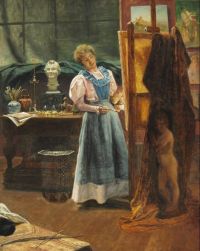 Tornoe Elisabeth Strike. A Painter At Her Easel. Cupid Refuses To Pose Any More 1897
