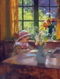 Touche Gaston La A Young Girl With Bonnet Reading By A Window canvas print