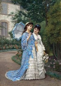 لوحة قماشية Toulmouche Auguste A Garden Stroll 1877