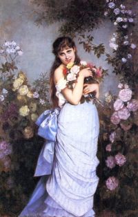 Toulmouche Auguste Eine junge Frau in einem Rosengarten 1886 Leinwanddruck