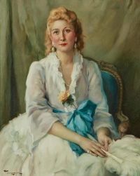 Toussaint Fernand A Portrait Of A Seated Lady In A White Dress With A Blue Sash Holding A Fan