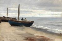 Triepcke Kroyer Alfven Marie Skagen Sonderstrand. Three Boats Lying On The Beach Near The Sea. The Front One Is Dark Blue. The Sails Are Folded Around The Masts. Overcast Day