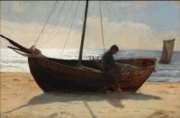 توكسين لوريتس صبي فيشر في قارب على الشاطئ. رسم 1874