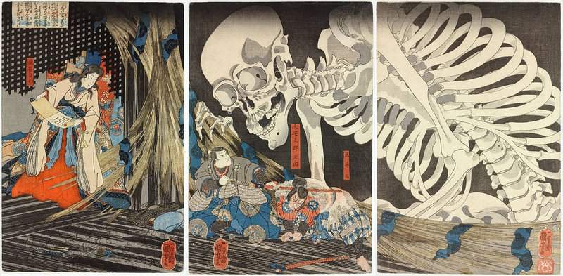 Utagawa Kuniyoshi Triptych Depicting Takiyasha Who Summons The Giant Skeleton To Attack Mitsukuni canvas print