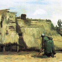 Granja de Van Gogh con granjero excavando