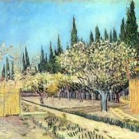 Jardín de frutas en flor de Van Gogh rodeado de cipreses