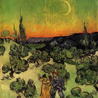 Paisaje de Van Gogh con pareja caminando y luna creciente