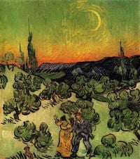 Paysage de Van Gogh avec couple marchant et croissant de lune