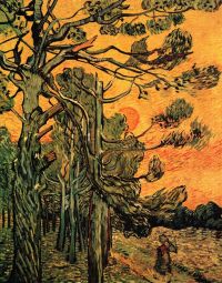 Alberi di pino di Van Gogh contro un cielo rosso con sole al tramonto