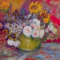 Bodegón de Van Gogh con rosas y girasoles