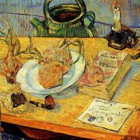Bodegón de Van Gogh Tablero de dibujo Pipa Cebollas y lacre