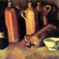 Bodegón de Van Gogh con cuatro jarras, botella y cuenco blanco