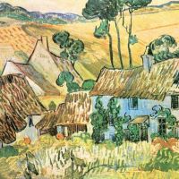 Van Gogh Huizen met rieten daken voor een heuvel