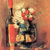 Van Gogh Florero De Claveles Blancos Y Rosa Y Botella