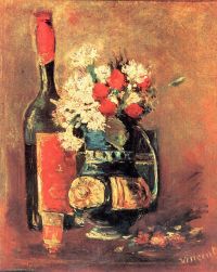 Van Gogh Vase d'oeillets blancs et rose et bouteille