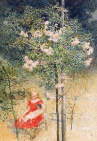 Veith Eduard A Girl With A Doll And A Young Rose Tree