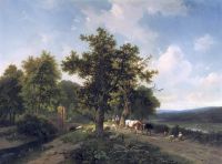 Verboeckhoven Eugene A Panoramic River Landscape With Cattle Near A Bridge 1956