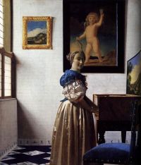 Vermeer EINE Dame, die an einem Virginal steht
