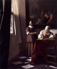 Vermeer-Dame, die einen Brief mit ihrem Dienstmädchen schreibt