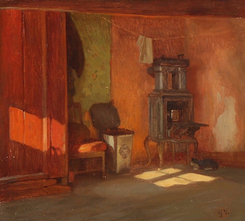 Vermehren Frederik Interior With A Cat Warming Itself By A Heating Stove canvas print