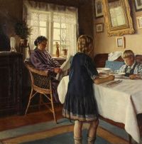 Vermehren Frederik Interior With A Woman Reading The Newspaper While The Childen Eat